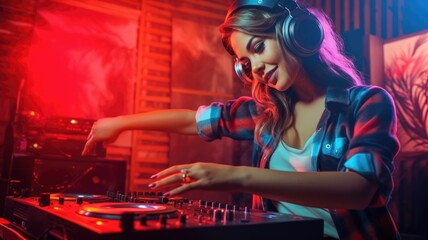 Fototapeta na wymiar A happy DJ woman wearing a plaid shirt and hat is having fun playing music at a club party. Generative AI AIG30.
