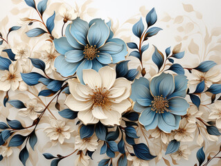 Cream backdrop with pale blue flowers in a floral pattern.