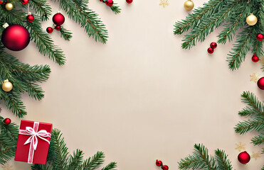 Fototapeta na wymiar Merry Christmas banner with gold and red Christmas tree decorations on Christmas tree branches on a beige background with space for text. Generative AI