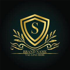 S luxury letter logo template in gold color. Elegant gold shield icon. Premium brand identity emblem. Royal coat of arms company label symbol. Modern vector Royal premium logo template vector