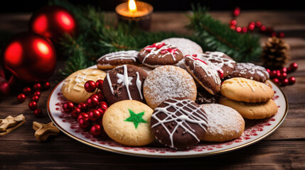 Obraz na płótnie Canvas plate of delicious christmas cookies, generative ai