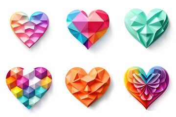 A set of six different colored paper hearts.