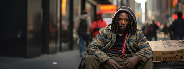 Homeless man on a city street - obrazy, fototapety, plakaty
