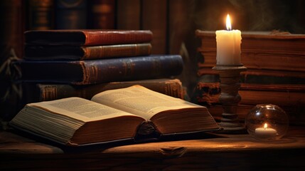 An open book sitting on top of a table next to a candle.