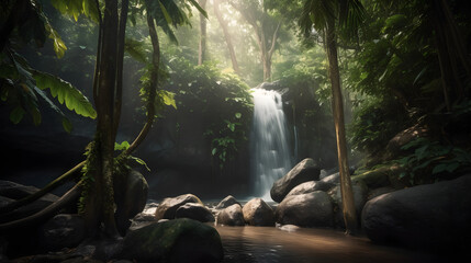 In the heart of a dense rainforest, a tropical waterfall glistens under the sun's warm rays. Wet rocks, ferns, palm trees, and lush green flora.