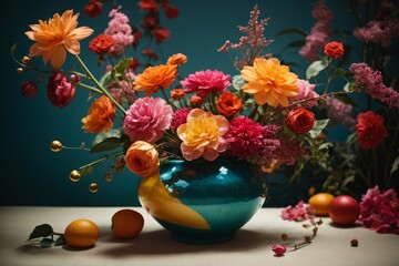 Beautifully arranged colorful bouquet in Japanese style - ikebana concept. Generative Ai.