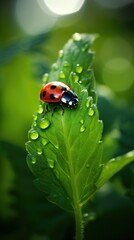Obraz premium A ladybug sitting on top of a green leaf.