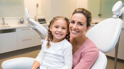 Smiling dentist and a small child at a dental clinic appointment - Powered by Adobe