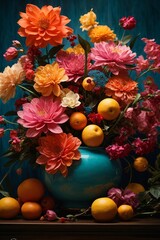 Beautifully arranged colorful bouquet in Japanese style - ikebana concept. Generative Ai.