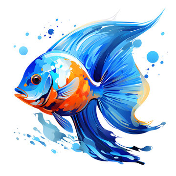 water color blue fish isolated texture on white background paint style generative ai