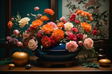 Obraz na płótnie Canvas Beautifully arranged colorful bouquet in Japanese style - ikebana concept. Generative Ai.
