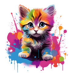 A watercolor painting of a baby cat or kitten. color splash, multicolor, Abstract kitten, paint splash, white background, generative ai