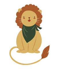 Cute baby lion wearing a bib, childish isolated vector illustration