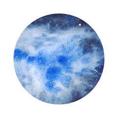 Watercolor illustration of the cosmos, nebulae, galaxies, hand-drawn. Abstract round-shaped background in blue shades with a gradient. The texture of watercolor on paper. An element for design.