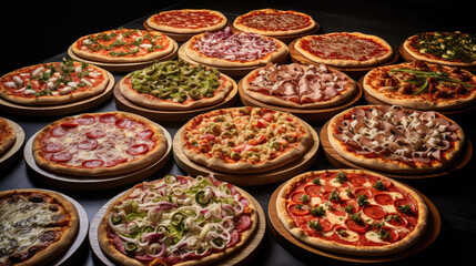 Fototapeta premium Set of Fresh Italian Pizzas on wooden table.