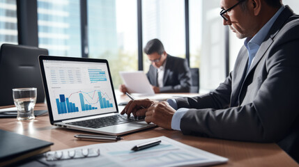 Fototapeta premium Close up portrait of businessman working with laptop in office.