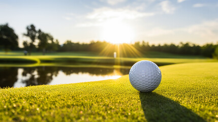 White golf ball on picturesque green golf course at the sunset.  Pitch is perfectly prepared, grass is neatly trimmed. Reflection of sun rays on surface of  ball and texture of grass. Copy space. - obrazy, fototapety, plakaty