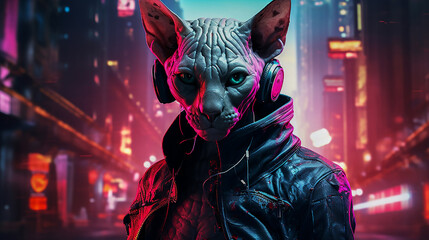 3D  sphynx cat in leather jacket, with headphones and with robot parts. Futuristic and cyberpunk image of cat. Blurred background is decorated with tall buildings, a night city with neon lighting.