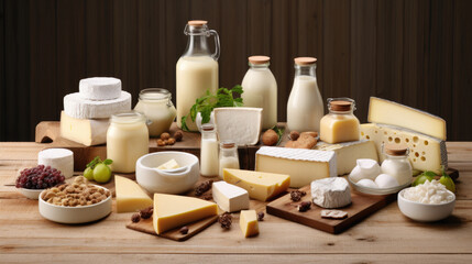 Fototapeta na wymiar Various dairy products on wooden background