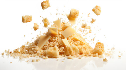 Chunks of hard cheese fall against a light-colored background - obrazy, fototapety, plakaty