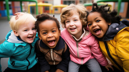 Obraz premium Group of preschoolers talking and playing on the playground outside