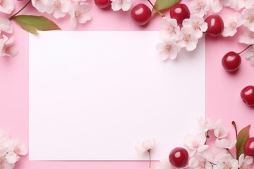 Cherry blossoms and cherries surround a blank paper.