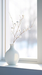 A white vase sitting on top of a window sill.