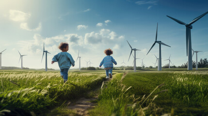 Two children run across a field and play in front of wind turbines.