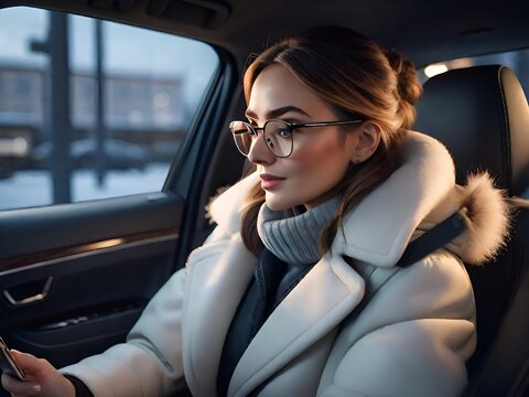 Attractive stylish woman sitting in car dressed in coat winter style and glasses using smart phone, business woman busy driving. Generative AI