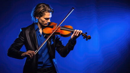 Fototapeta premium Young man playing violin on blue background