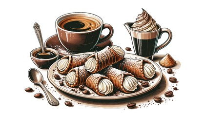 Authentic Sicilian Cannoli and Rich Espresso Coffee Illustration