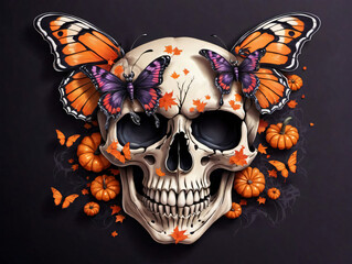 Skull With Butterfly Wings And Pumpkins