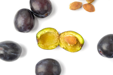 Plum Isolated, Whole Blue Prune, Ripe Fresh Plums, Dark Blue Healthy Fruits