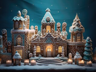 Obraz premium A group of gingerbread houses sitting on top of snow covered ground.