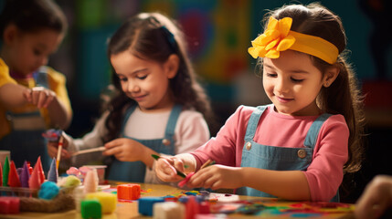 Group of preschoolers makes a paper and paint crafts on classroom lessons - obrazy, fototapety, plakaty