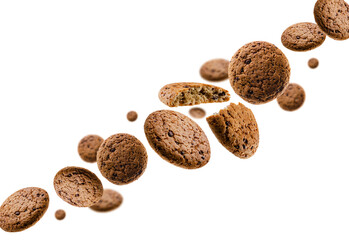 Oatmeal cookies with chocolate pieces fly in space forming a chain shape. Rear surround light. Isolated on white