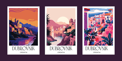 Set of posters for Dubai, United Arab Emirates. Colorful vector illustrations.