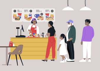 A diverse line of people waiting their turn to place their orders at a fast food restaurant counter, a light box menu on the wall providing various food options for selection