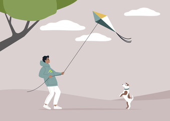 A young character flying a kite on a windy day while enjoying quality time with their jack russel puppy
