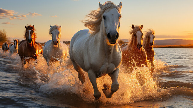 Dynamic Mustang Herd Galloping Against the Golden Sky at Sunset along beautiful sea coast beach landscape with stunning sun light. Group of wild horse running along beach. Generative AI