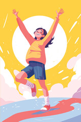 Happy girl jumping on the beach. Vector illustration in cartoon style.