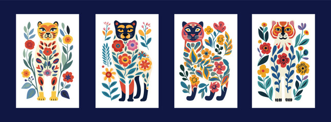 Set of cute vector cards with cats, flowers and leaves. Scandinavian style design.