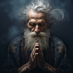 close-up, a poor gray-haired old man prays, thanks God, an elderly man in old clothes with his hands folded in namaste, on a dark background - obrazy, fototapety, plakaty