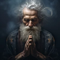 Papier Peint photo Vielles portes close-up, a poor gray-haired old man prays, thanks God, an elderly man in old clothes with his hands folded in namaste, on a dark background