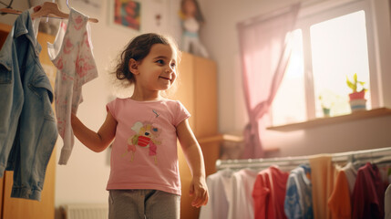 Little girl picks out clothes for kindergarten or school at her home