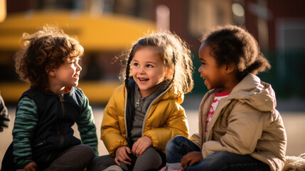Group of preschoolers talking and playing on the playground outside - obrazy, fototapety, plakaty