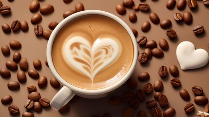 Cup of coffee with latte art and coffee beans on brown background. Caffeine Concept With Copy Space