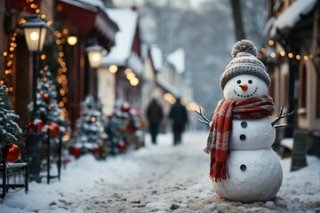 Happy snowman standing in winter christmas