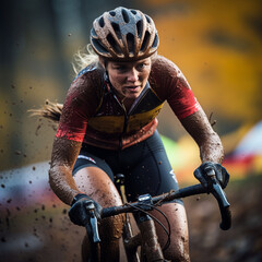 Fototapeta na wymiar Professional cyclist woman with a look of effort during a cyclocross competition