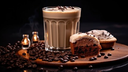 Coffee latte with chocolate muffin and coffee beans on black background. Caffeine Concept With Copy Space